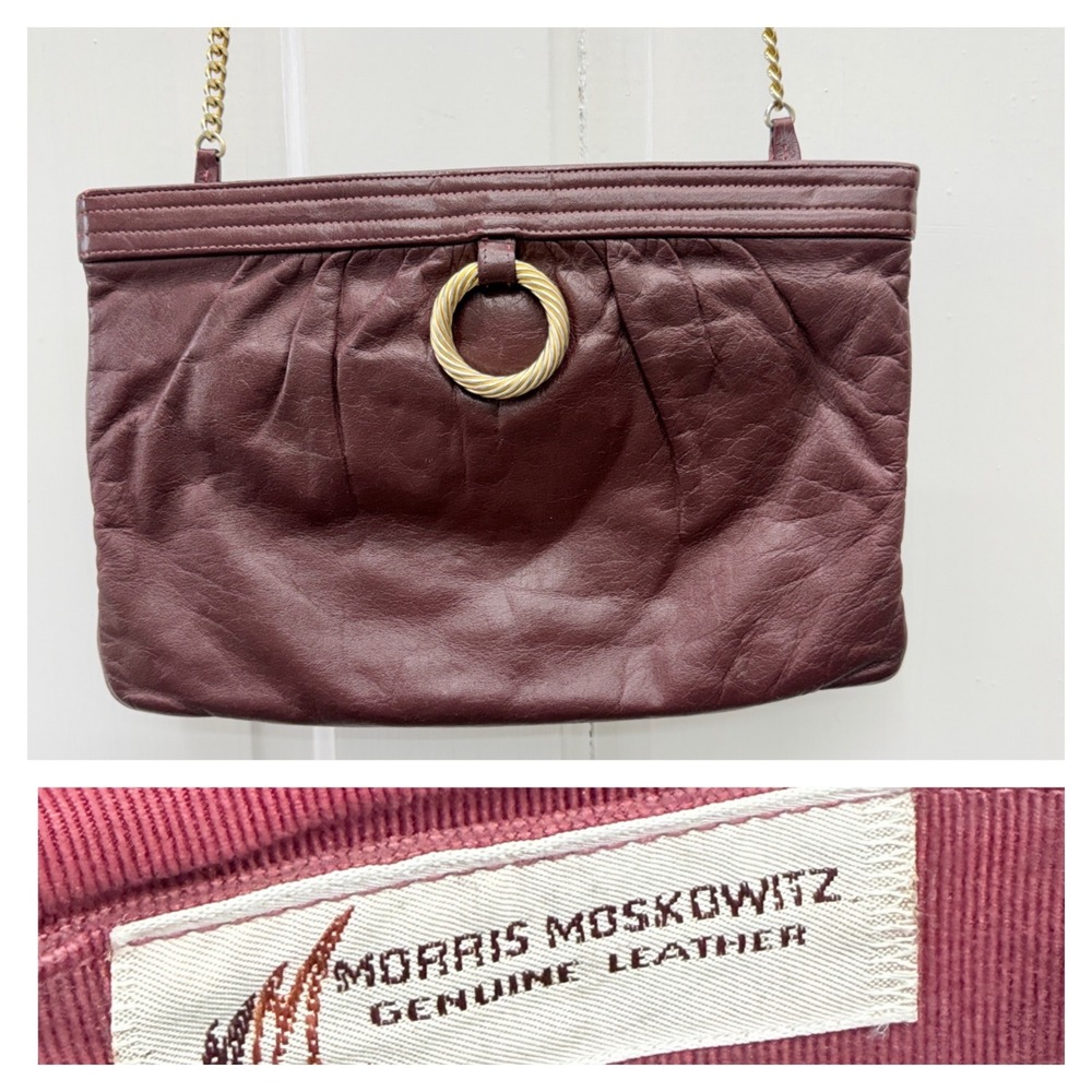 Morris Moskowitz Vintage Maroon Burgundy Leather Chain Shoulder Bag Gold Ring